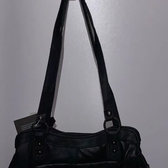 Embassy Women's Black Genuine Leather Top Zip Double Strap Shoulder Bag OS NWT